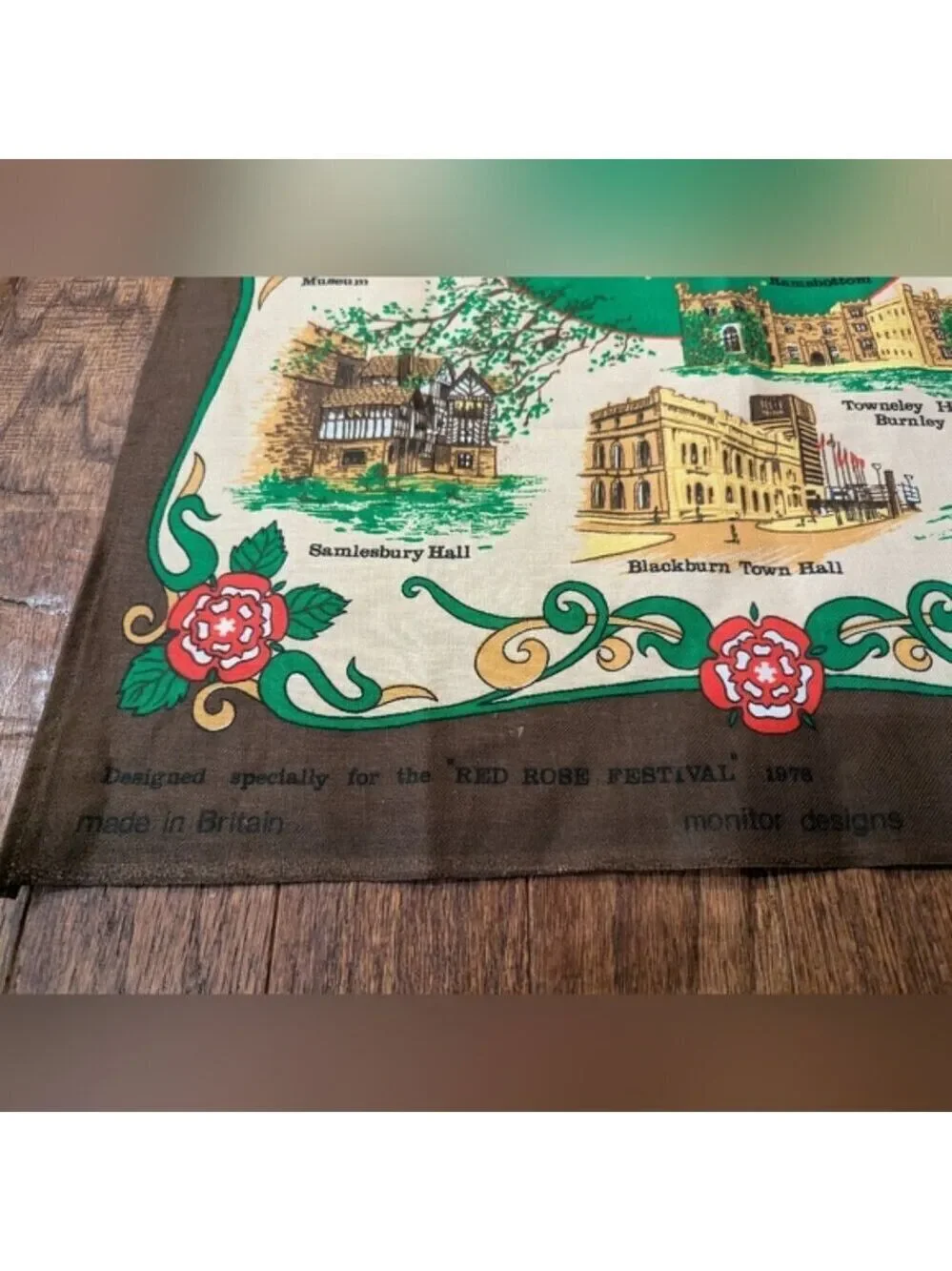 Red Rose Country Vintage  Tea Towel with historic Great Britain architecture